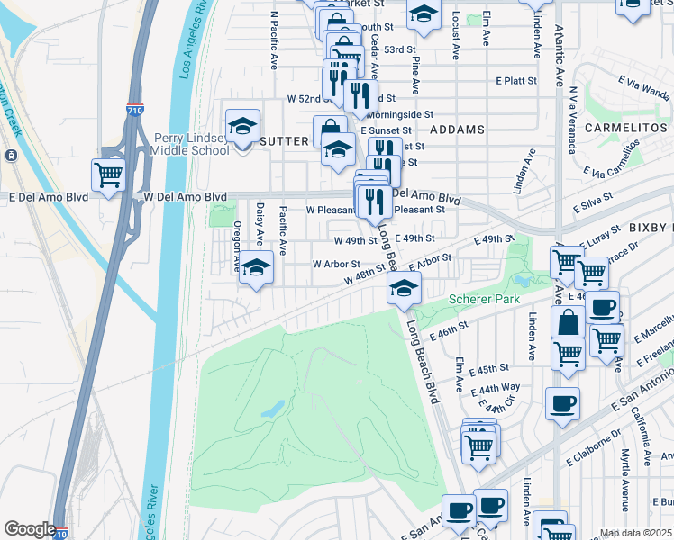 map of restaurants, bars, coffee shops, grocery stores, and more near 71 West 48th Street in Long Beach