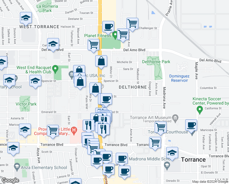 map of restaurants, bars, coffee shops, grocery stores, and more near 3700 Garnet Street in Torrance
