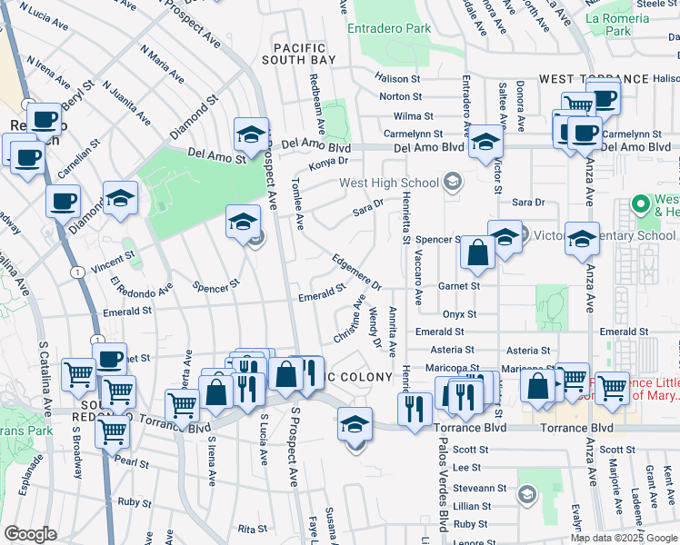 map of restaurants, bars, coffee shops, grocery stores, and more near 5526 Emerald Street in Torrance