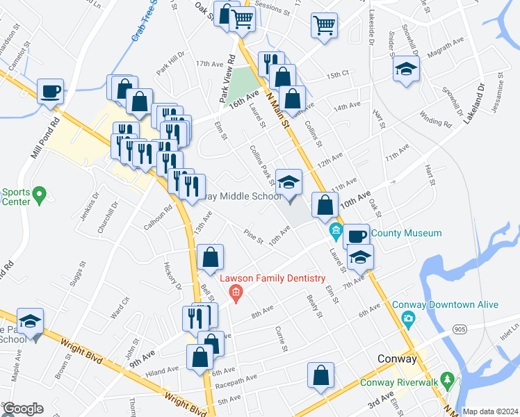 map of restaurants, bars, coffee shops, grocery stores, and more near 1015 Elm Street in Conway