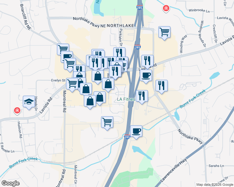 map of restaurants, bars, coffee shops, grocery stores, and more near 2037 Weems Road in Tucker
