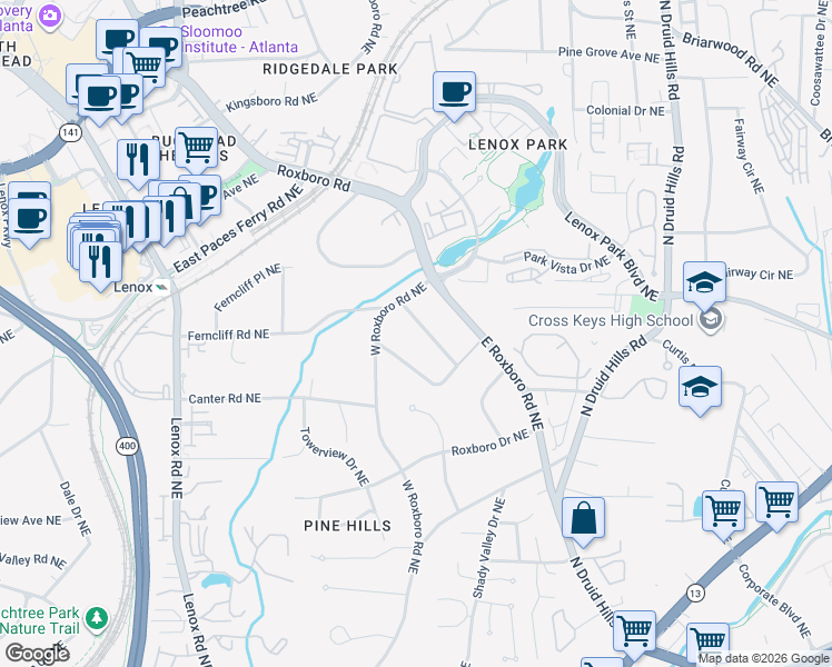 map of restaurants, bars, coffee shops, grocery stores, and more near 1175 Pine Ridge Road Northeast in Atlanta