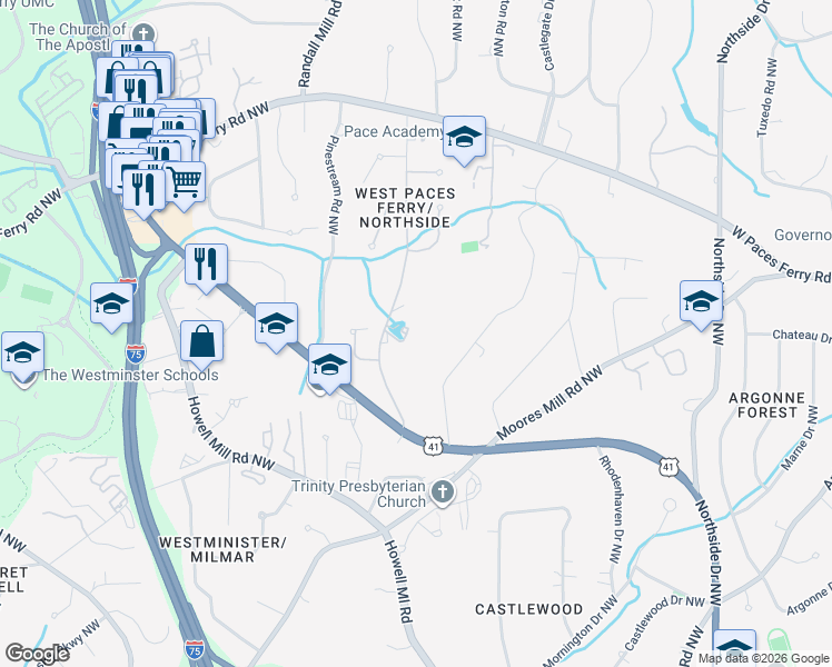 map of restaurants, bars, coffee shops, grocery stores, and more near 3245 Rilman Lake Court Northwest in Atlanta