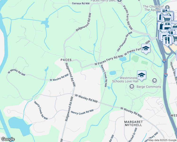 map of restaurants, bars, coffee shops, grocery stores, and more near 3195 Paces Bend Court Northwest in Atlanta