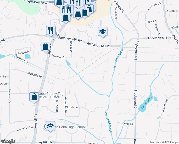 map of restaurants, bars, coffee shops, grocery stores, and more near 1630 Pedro Drive in Mableton