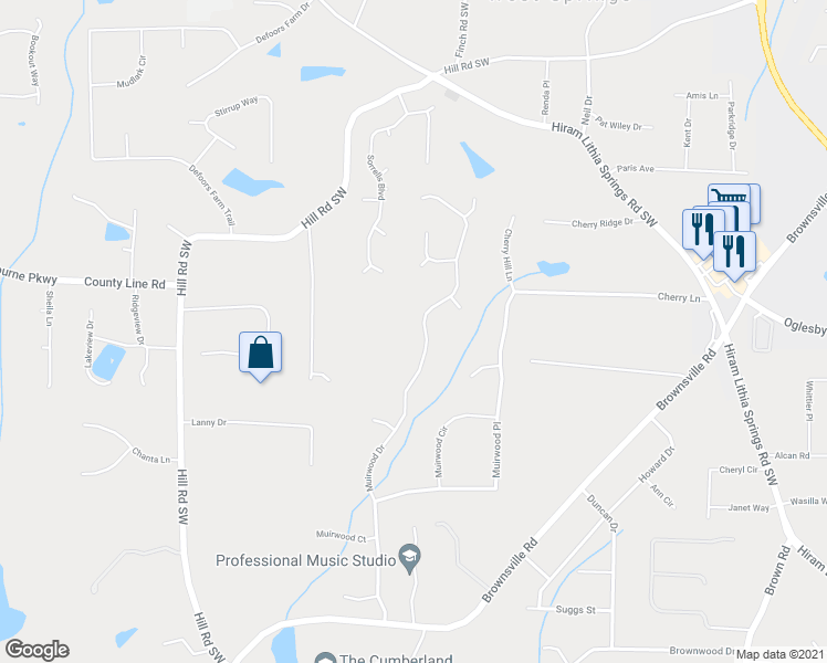 map of restaurants, bars, coffee shops, grocery stores, and more near 4893 Muirwood Drive in Powder Springs