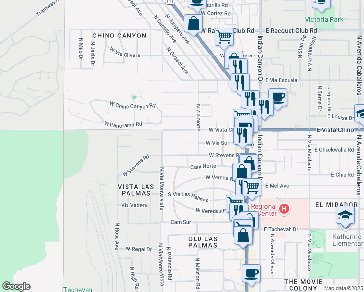 map of restaurants, bars, coffee shops, grocery stores, and more near 500 West Stevens Road in Palm Springs