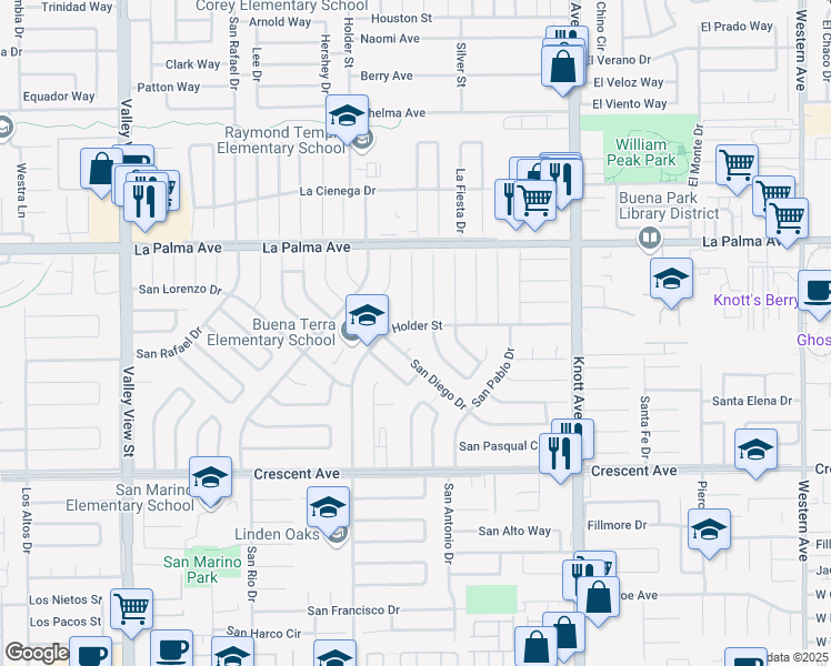 map of restaurants, bars, coffee shops, grocery stores, and more near 8252 Holder Street in Buena Park