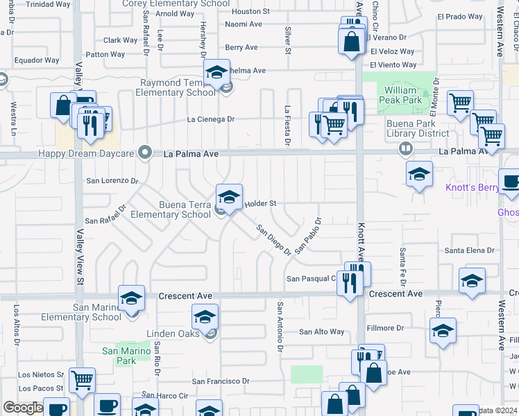 map of restaurants, bars, coffee shops, grocery stores, and more near 8252 Holder Street in Buena Park