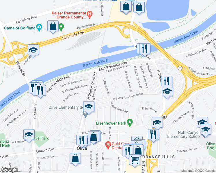 map of restaurants, bars, coffee shops, grocery stores, and more near 4095 North Ramona Street in Orange