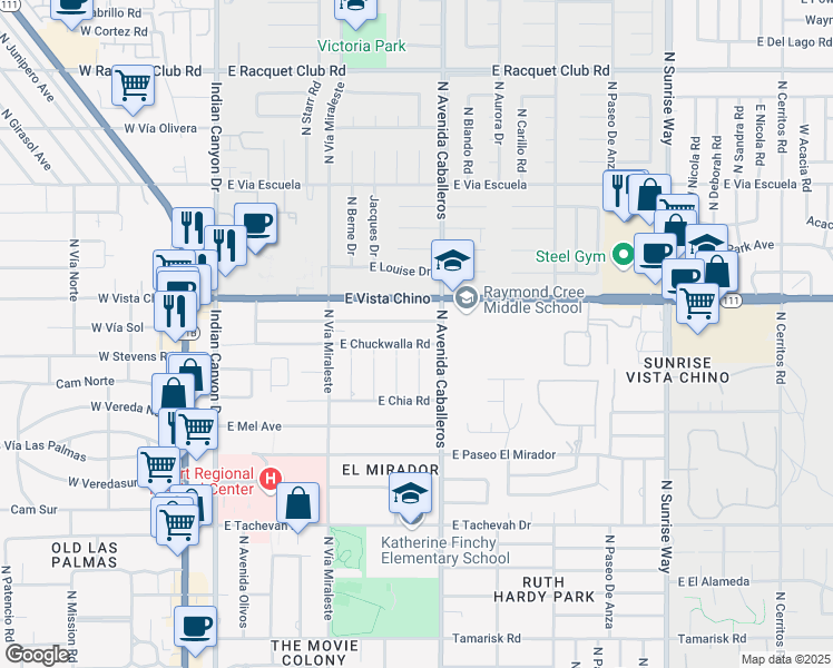 map of restaurants, bars, coffee shops, grocery stores, and more near 920 East Chuckwalla Road in Palm Springs