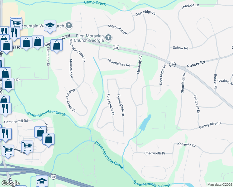 map of restaurants, bars, coffee shops, grocery stores, and more near 2248 Forestglade Drive in Stone Mountain