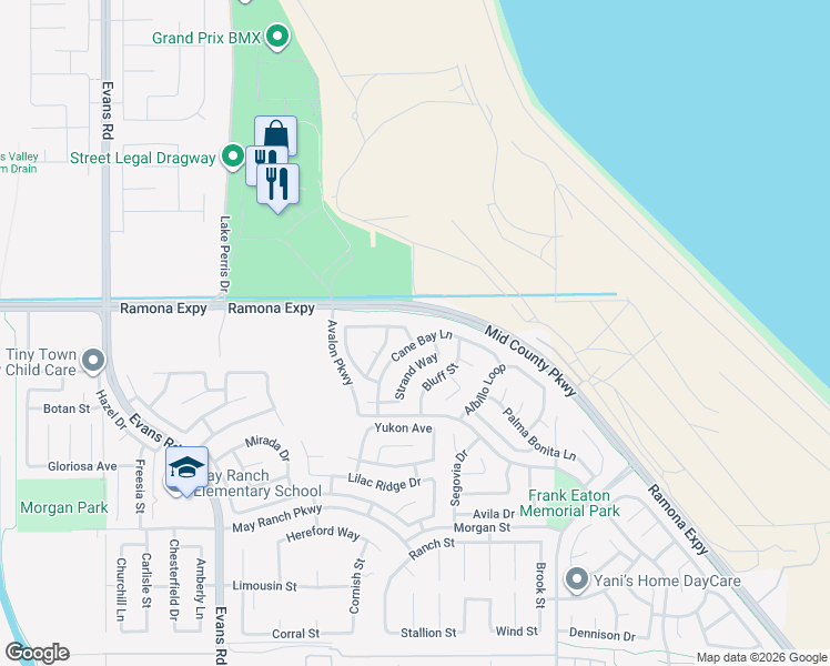 map of restaurants, bars, coffee shops, grocery stores, and more near 1264 Reisling Drive in Perris