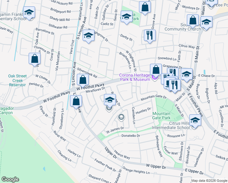 map of restaurants, bars, coffee shops, grocery stores, and more near 3215 Rowena Drive in Corona