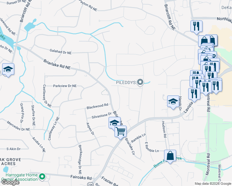 map of restaurants, bars, coffee shops, grocery stores, and more near 2968 Briarlake Road in Decatur
