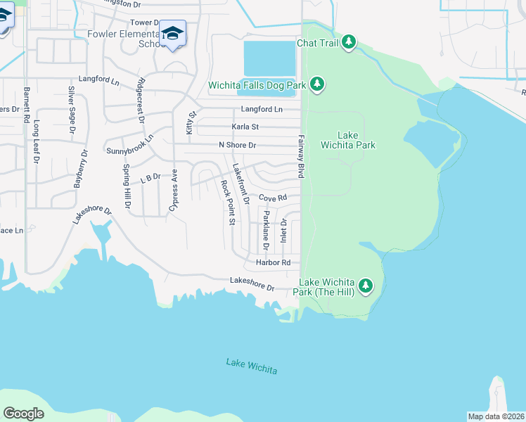 map of restaurants, bars, coffee shops, grocery stores, and more near 5114 Parklane Drive in Wichita Falls