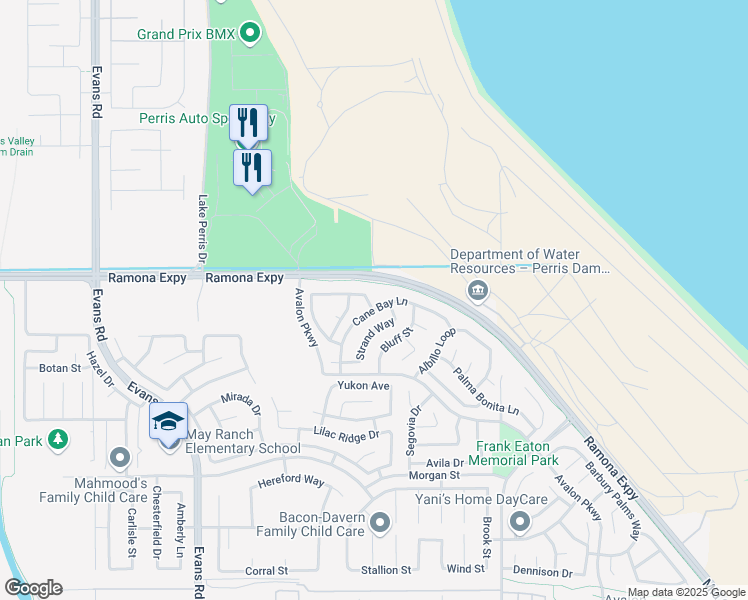 map of restaurants, bars, coffee shops, grocery stores, and more near 1264 Reisling Drive in Perris