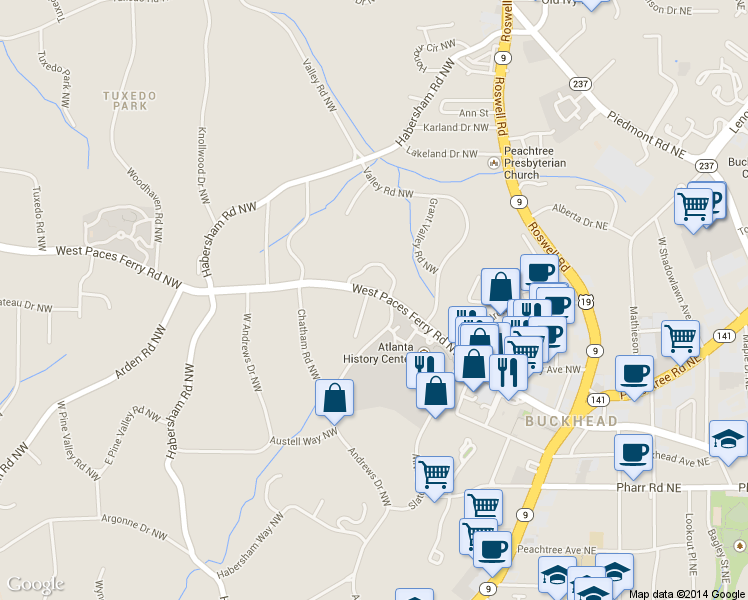 map of restaurants, bars, coffee shops, grocery stores, and more near 3243 Andrews Court Northwest in Atlanta