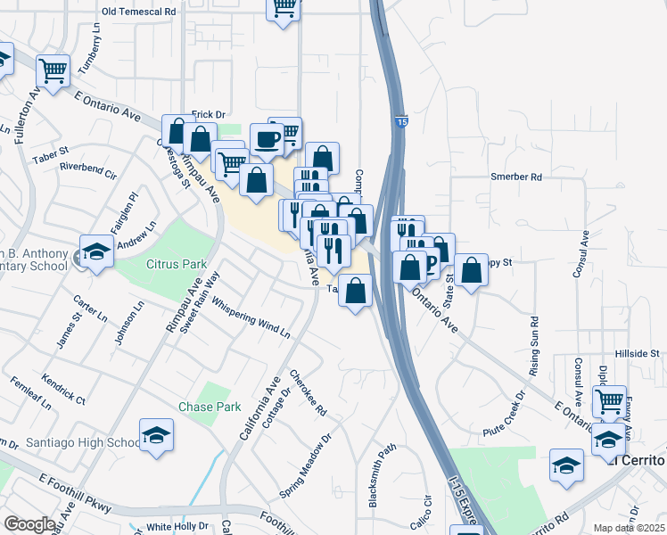 map of restaurants, bars, coffee shops, grocery stores, and more near 2347 California Avenue in Corona