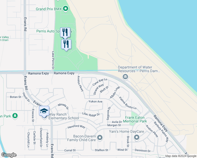 map of restaurants, bars, coffee shops, grocery stores, and more near 1264 Reisling Drive in Perris