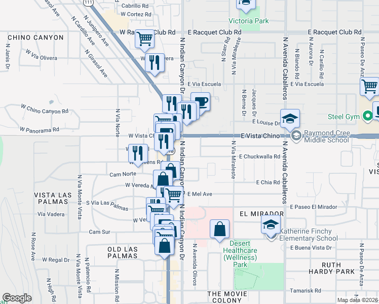 map of restaurants, bars, coffee shops, grocery stores, and more near 1480 North Indian Canyon Drive in Palm Springs