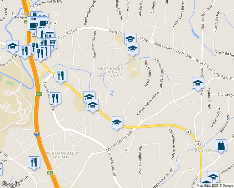 map of restaurants, bars, coffee shops, grocery stores, and more near 3245 Rilman Lake Court Northwest in Atlanta