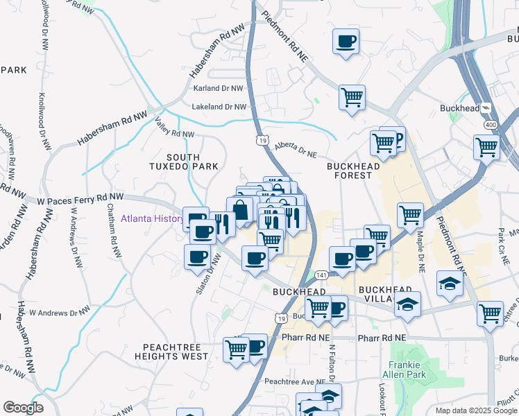 map of restaurants, bars, coffee shops, grocery stores, and more near 77 East Andrews Drive Northwest in Atl