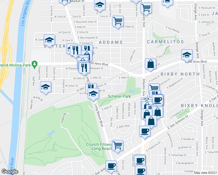 map of restaurants, bars, coffee shops, grocery stores, and more near 300 East Arbor Street in Long Beach