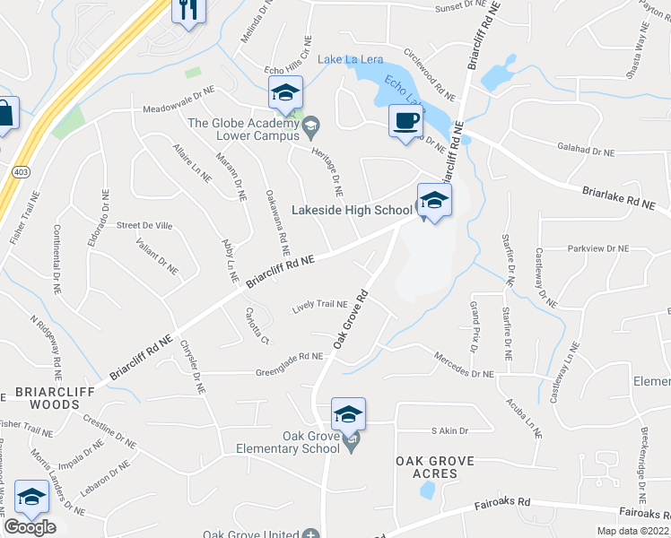 map of restaurants, bars, coffee shops, grocery stores, and more near 2434 Lively Trail Northeast in Atlanta