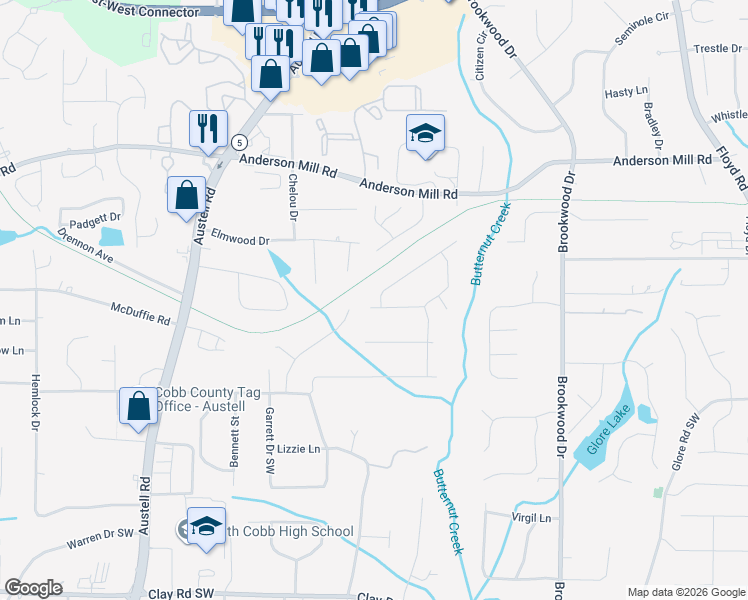 map of restaurants, bars, coffee shops, grocery stores, and more near 1630 Pedro Drive in Mableton