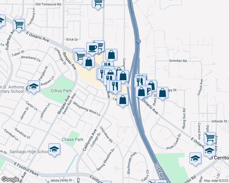 map of restaurants, bars, coffee shops, grocery stores, and more near 2347 California Avenue in Corona