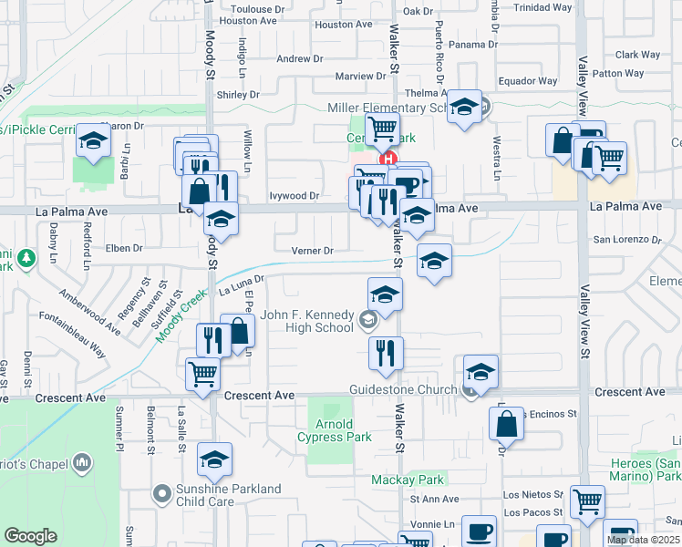 map of restaurants, bars, coffee shops, grocery stores, and more near 5342 La Luna Drive in La Palma