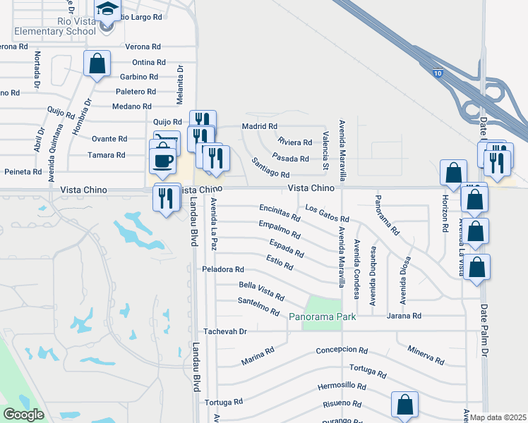 map of restaurants, bars, coffee shops, grocery stores, and more near 68115 Empalmo Road in Cathedral City