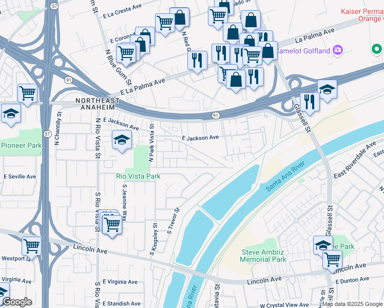 map of restaurants, bars, coffee shops, grocery stores, and more near 320 North Park Vista Street in Anaheim