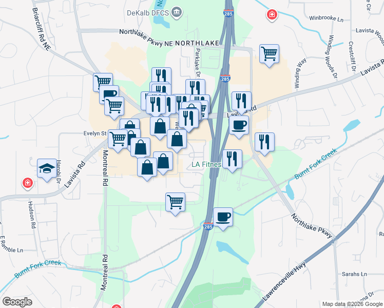 map of restaurants, bars, coffee shops, grocery stores, and more near 2037 Weems Road in Tucker