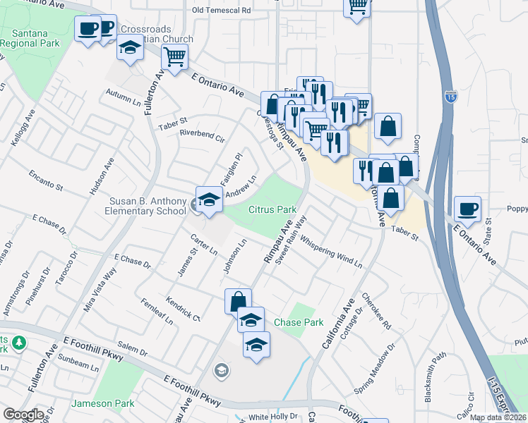 map of restaurants, bars, coffee shops, grocery stores, and more near 1250 Santana Way in Corona