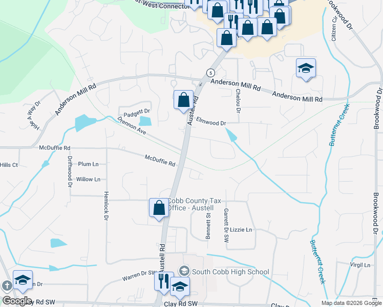 map of restaurants, bars, coffee shops, grocery stores, and more near 4511 Austell Road in Austell
