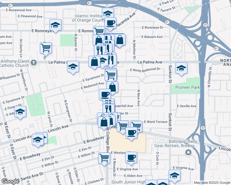 map of restaurants, bars, coffee shops, grocery stores, and more near 2024 East Bangor Way in Anaheim