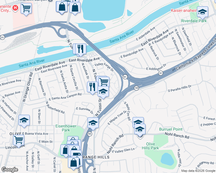 map of restaurants, bars, coffee shops, grocery stores, and more near 213 North Merrimac Drive in Anaheim