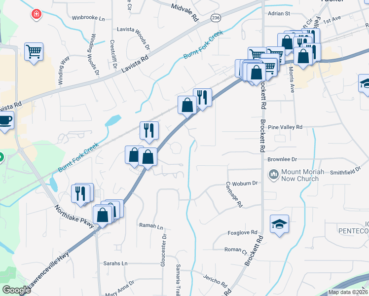 map of restaurants, bars, coffee shops, grocery stores, and more near 3607 Woodbriar Circle in Tucker