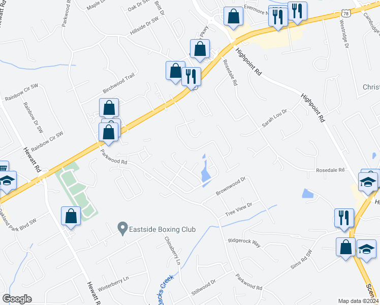 map of restaurants, bars, coffee shops, grocery stores, and more near 2161 Boone Place in Snellville