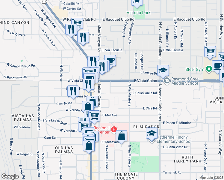 map of restaurants, bars, coffee shops, grocery stores, and more near 1540 North Chaparral Road in Palm Springs
