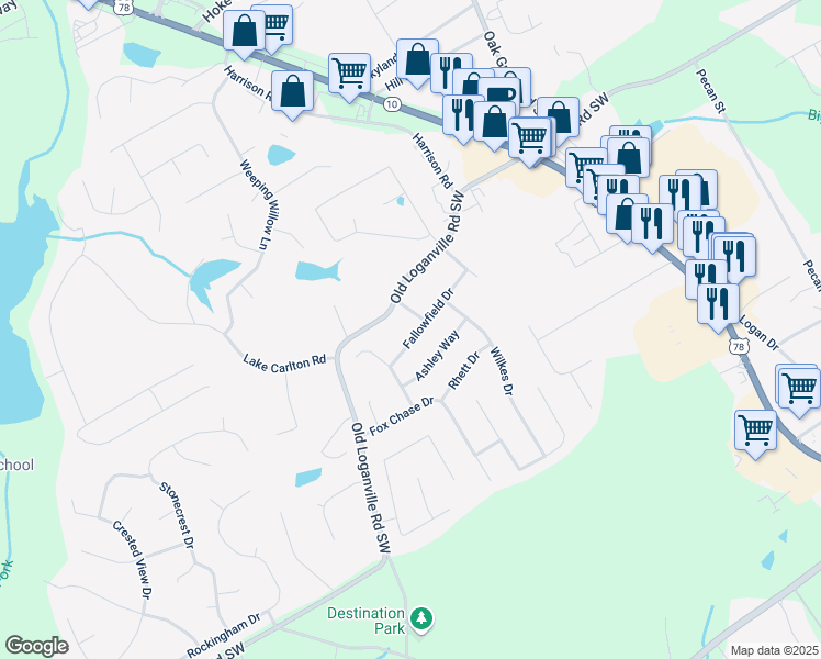 map of restaurants, bars, coffee shops, grocery stores, and more near 736 Fallowfield Drive in Loganville