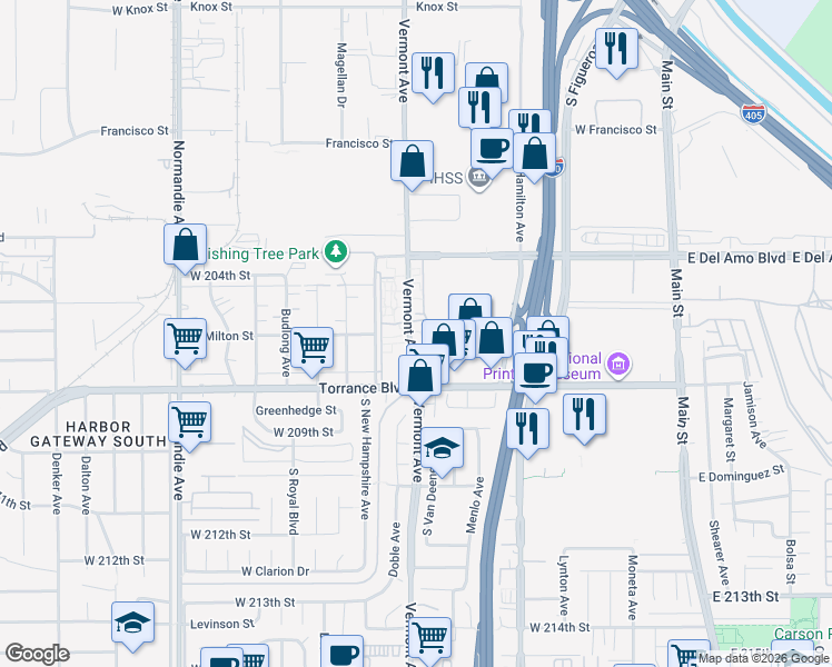 map of restaurants, bars, coffee shops, grocery stores, and more near 20606 South Vermont Avenue in Torrance