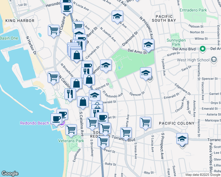 map of restaurants, bars, coffee shops, grocery stores, and more near 631 Vincent Park in Redondo Beach