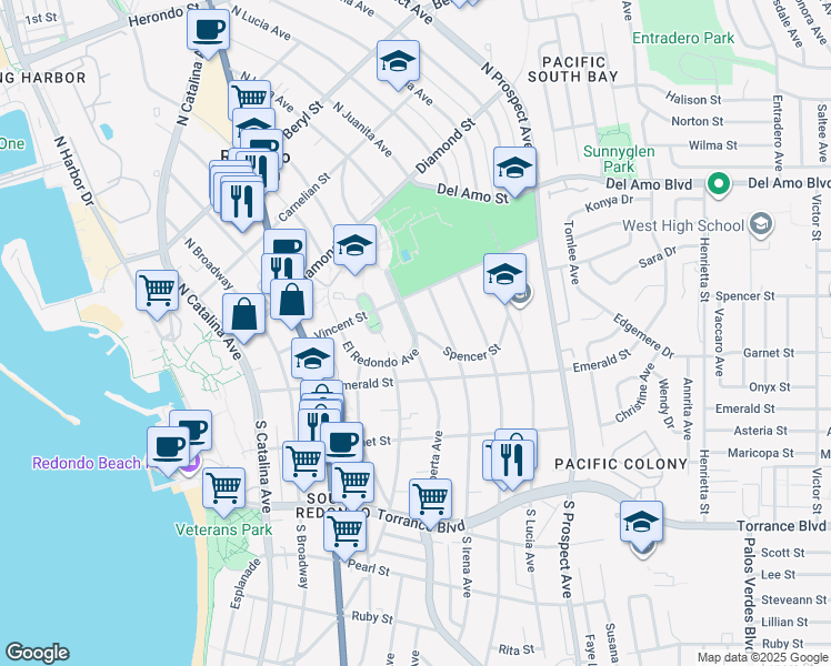 map of restaurants, bars, coffee shops, grocery stores, and more near 404 Spencer Street in Redondo Beach