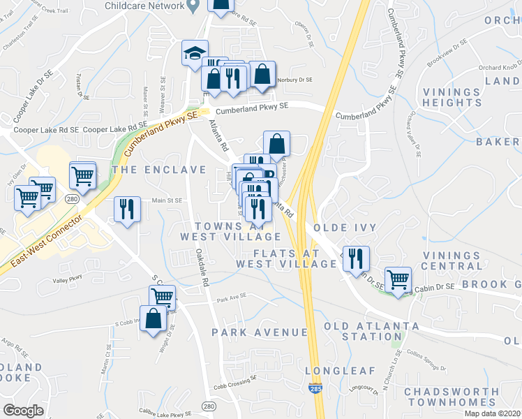 map of restaurants, bars, coffee shops, grocery stores, and more near 4495 West Village Way in Smyrna
