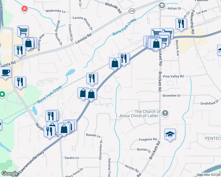 map of restaurants, bars, coffee shops, grocery stores, and more near 3599 Woodbriar Circle in Tucker