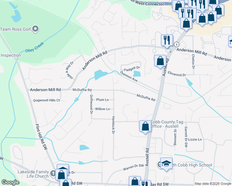 map of restaurants, bars, coffee shops, grocery stores, and more near 2109 McDuffie Road in Austell