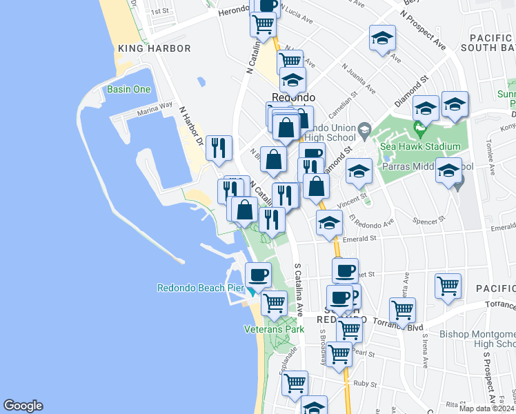 map of restaurants, bars, coffee shops, grocery stores, and more near in Redondo Beach